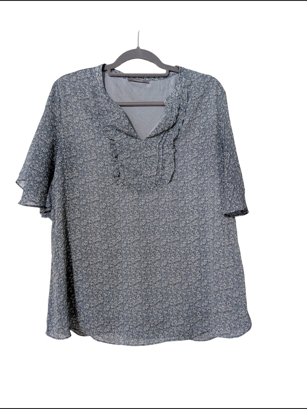Blue Floral Ruffle V-Neck Blouse Womens